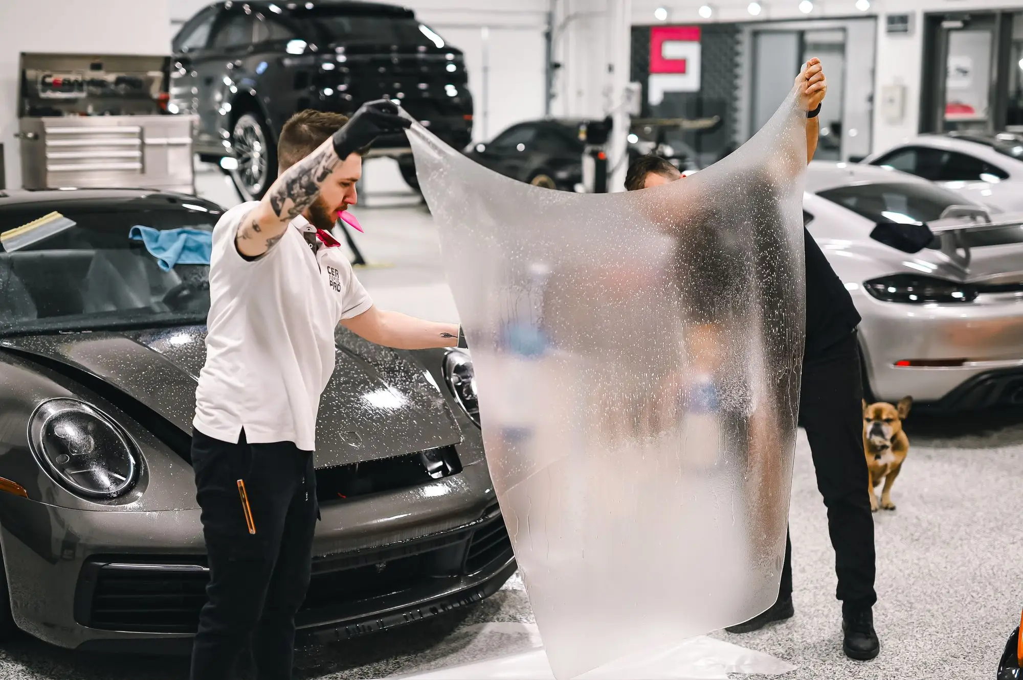 Dua orang membentangkan lembaran paint protection film bening di depan mobil sport abu-abu